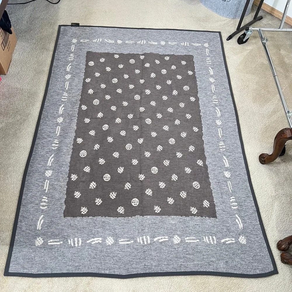 Vtg. IBENA Woven Jacquard Throw Blanket Geometric Germany Made Grey Velour 53x76